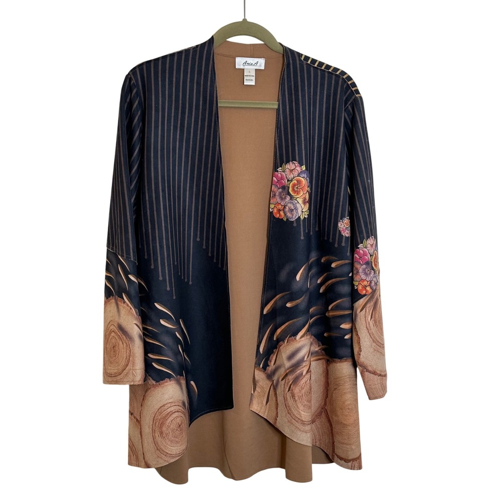 Anis. A Faux Suede Open Front Topper Jacket Size L Black Floral‎ Mixed Prints
